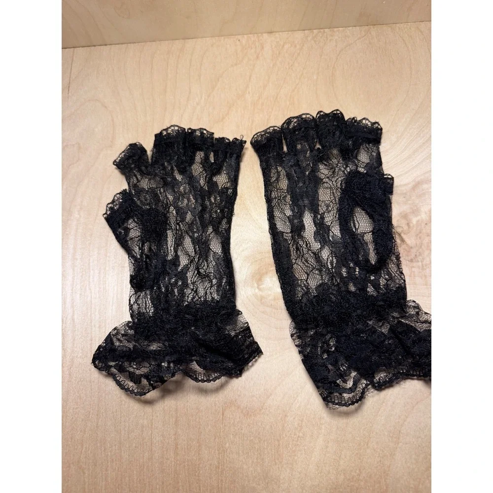 Black Floral Lace Fingerless Gloves Gothic Victorian Ruffle Wrist Formal Cosplay